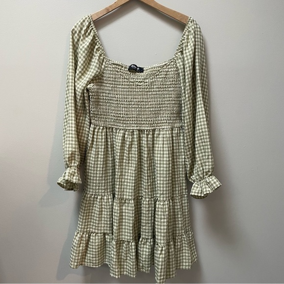 Dress, long sleeve, tiered skirt, shirred bodice in olive + cream gingham print - Picture 1 of 7